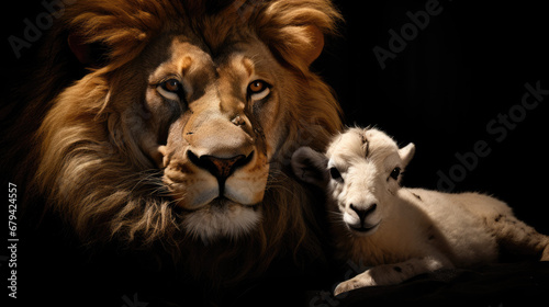 A captivating image of the Lion and the Lamb together against a black background. © B & G Media