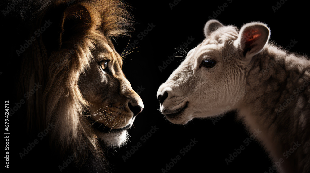 A captivating image of the Lion and the Lamb together against a black background. A captivating image of the Lion and the Lamb together against a black background.