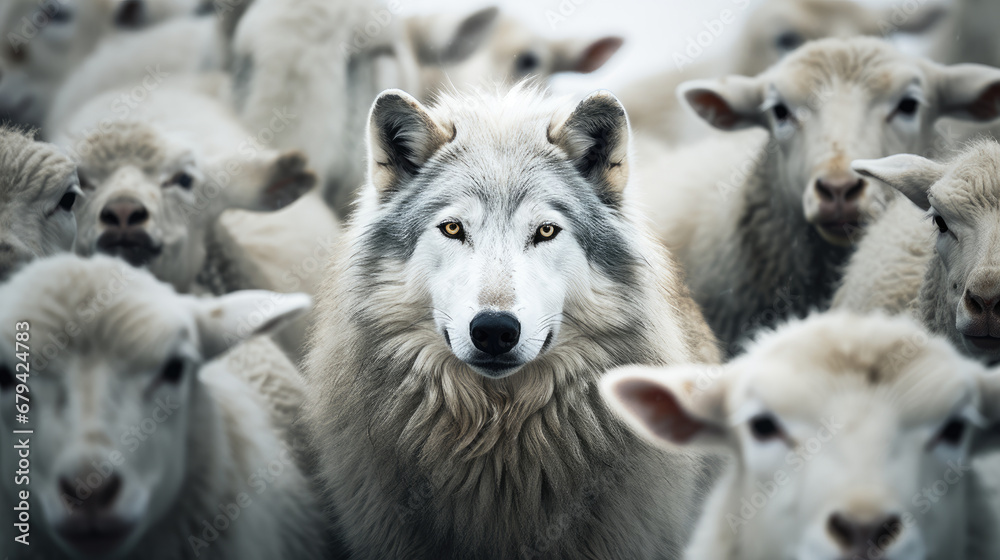 a dark grey wolf in a flock of white sheeps with clean background a dark grey wolf in a flock of white sheeps with clean background