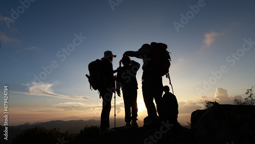 Backpacker family with daughter travel in forest