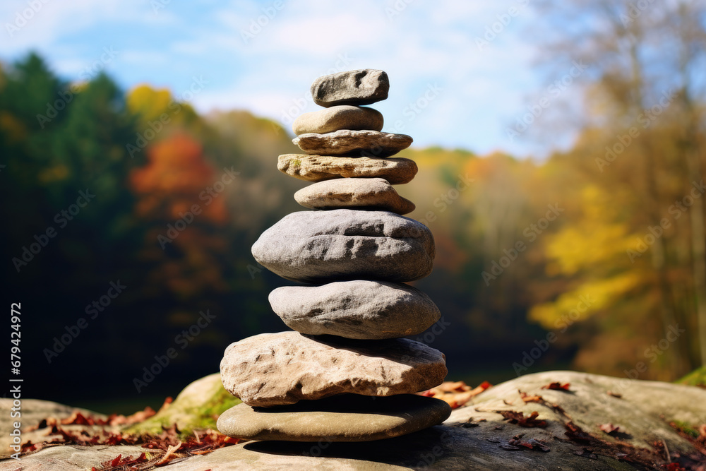 Peaceful Natural Setting with Balanced Stone Tower Peaceful Natural Setting with Balanced Stone Tower