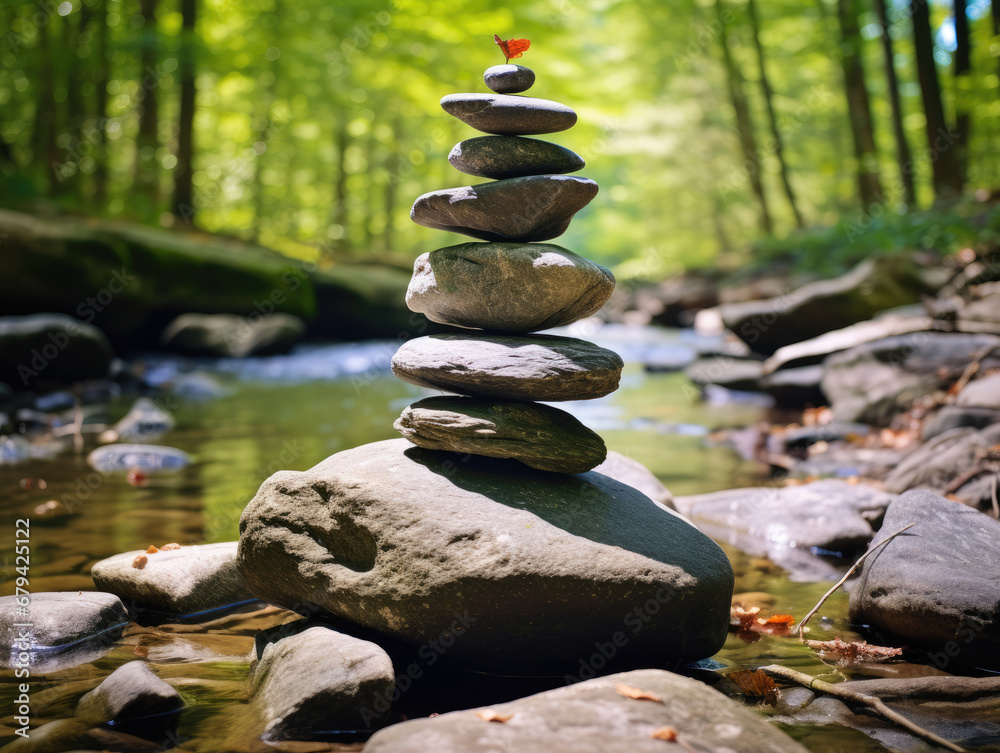 Peaceful Natural Setting with Balanced Stone Tower
