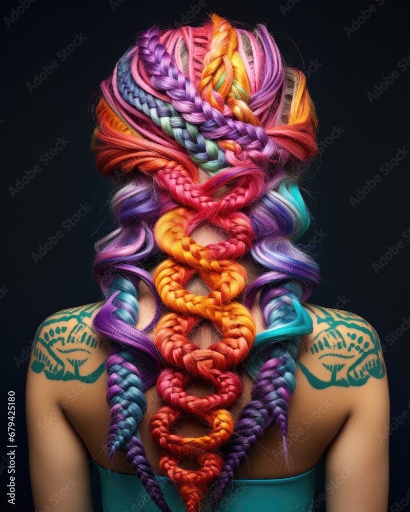 A woman with colorful hair and tattoos on her back. Generative AI.