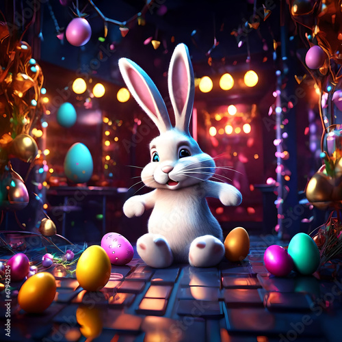 Seasonal Bunny Delight: Easter Bunny Playing in Happy Moods Across Streets, Embracing Snow, Christmas, Halloween, and School Days