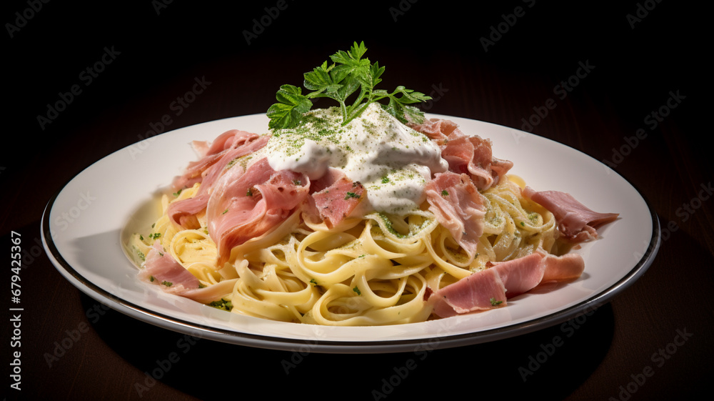delicious pasta with sour cream and ham, AI Generative. delicious pasta with sour cream and ham, AI Generative.