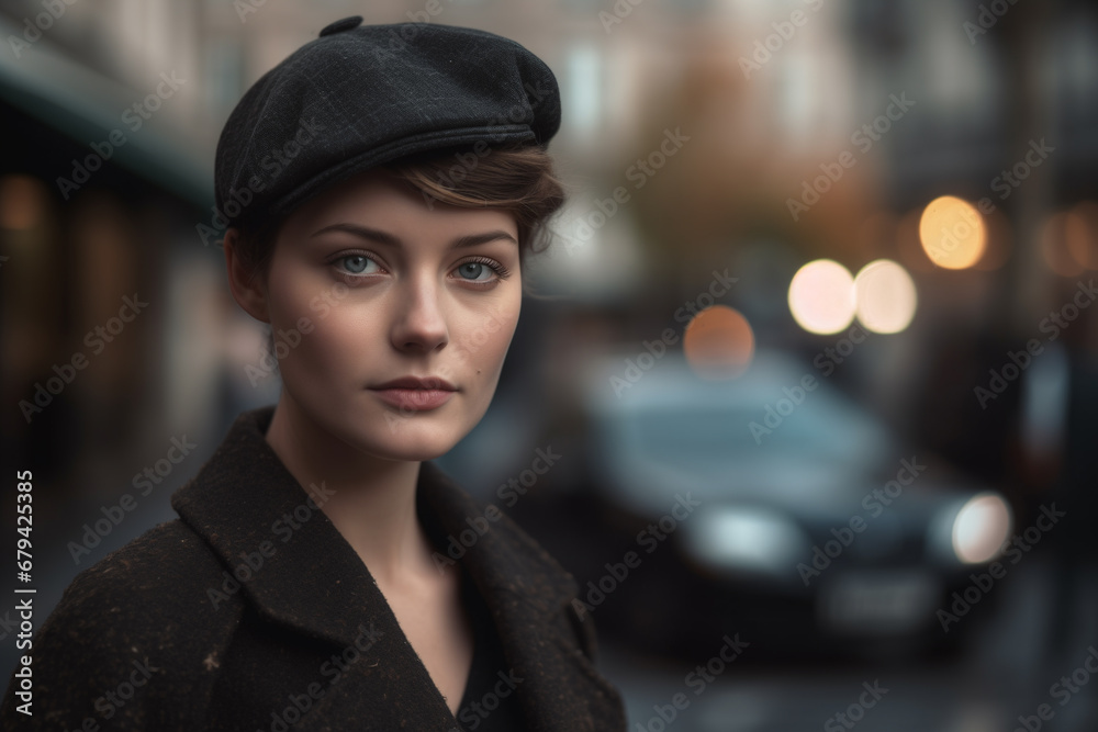 Street style model portrait photographed on the street of Paris, photorealistic + hyperrealistic, dark style