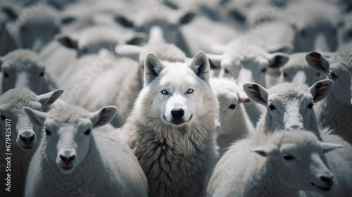 a dark grey wolf in a flock of white sheeps with clean background