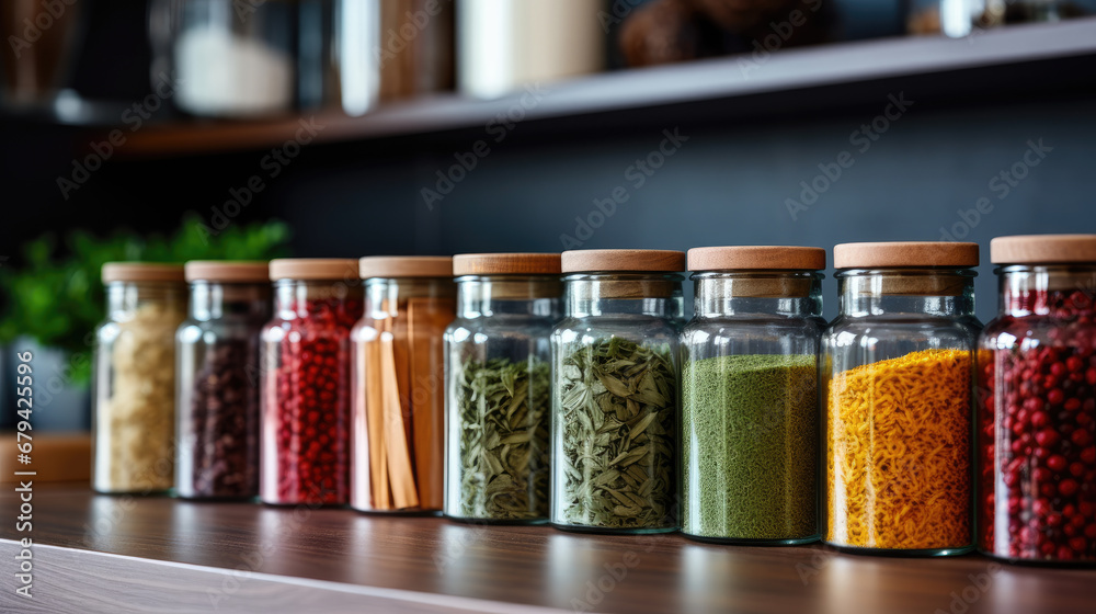 Close-up of a variety of spices and herbs in glass jars on a kitchen shelf. Close-up of a variety of spices and herbs in glass jars on a kitchen shelf.