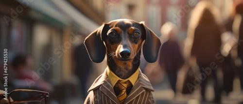A dachshund dog wearing a suit and tie. Generative AI. photo