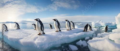 A group of penguins standing on top of an iceberg. Generative AI.
