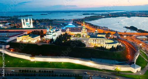 Aerial view of evening Kazan Kremlin and the Volga river embankment. Kazan city. Russia
