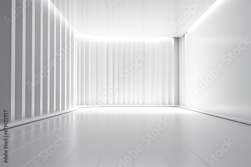 White clean empty interior room with indirect light from right and cornered back walll. 3d rendering. Generative AI.