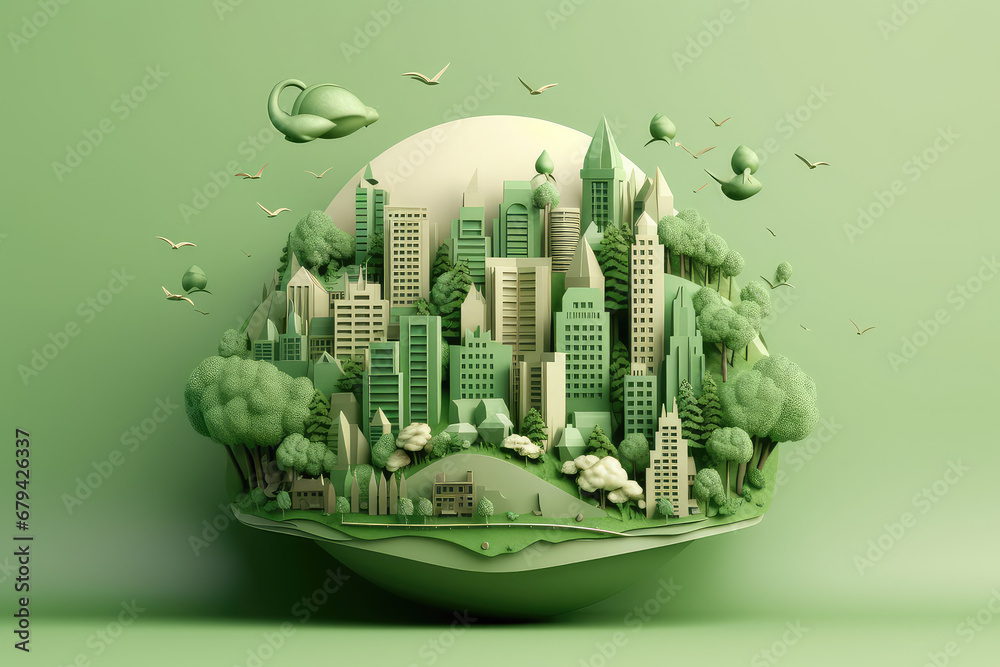 Environment concept with green eco city background. Paper art style. Generative AI.