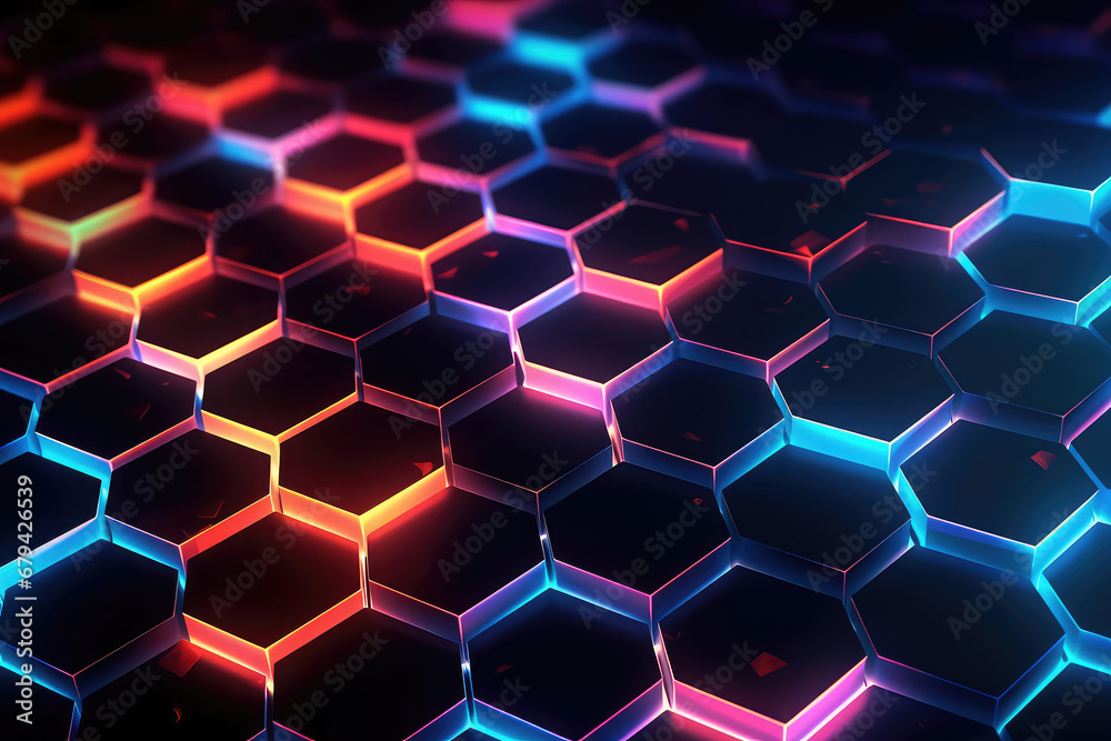 Hexagonal geometric ultra wide background. Abstract colorful of futuristic. Sci fi banner, cover. 3d render illustration. Generative AI.