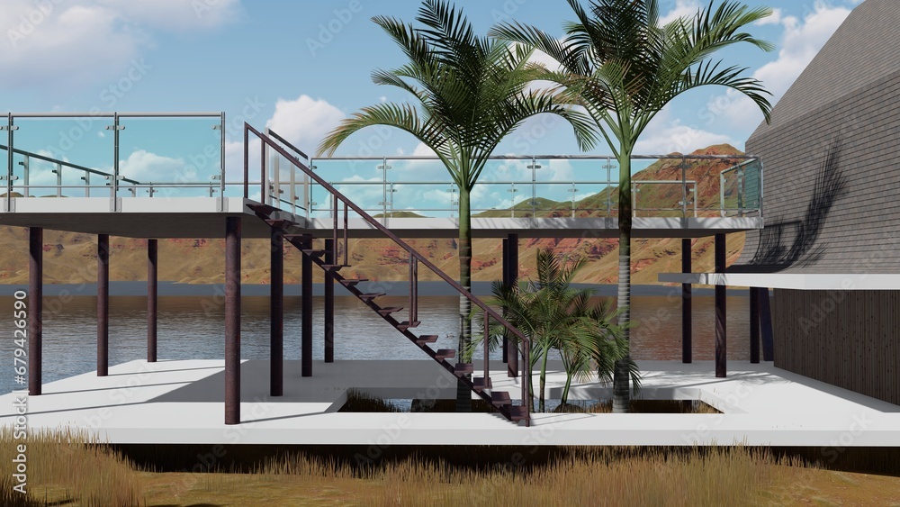 Nordic type 3 cafe style with large balcony and lake view, surrounded by nature, 3D design.