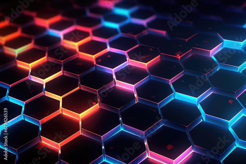 Hexagonal geometric ultra wide background. Abstract colorful of futuristic. Sci fi banner  cover. 3d render illustration. Generative AI.