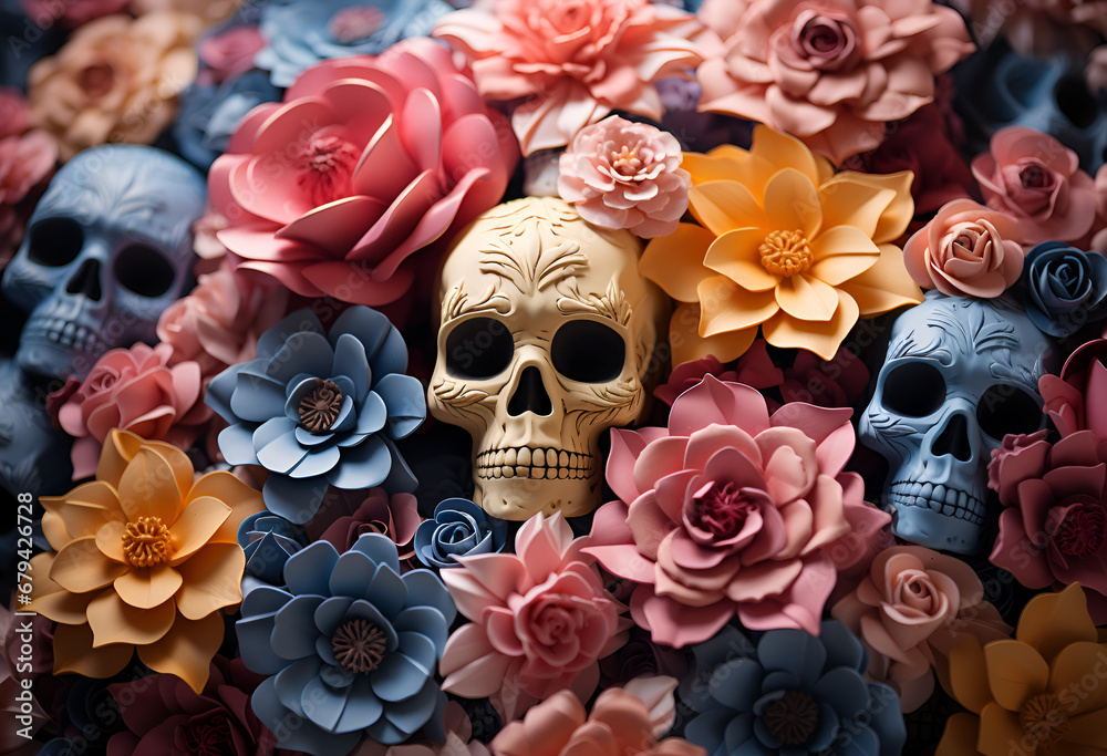 Bunch of colorful skulls in pastel spring flowers.