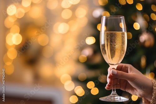 Christmas celebration. A woman holding a glass of champagne with a christmas tree background