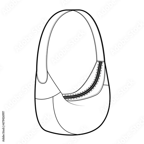 Mini Shoulder Bag with curved lines hobo silhouette bag. Fashion accessory technical illustration. Vector satchel front 3-4 view for Men, women style, flat handbag CAD mockup sketch outline isolated