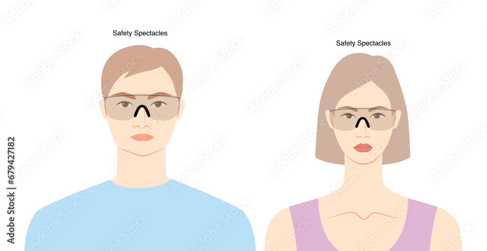 Safety Spectacles frame glasses on women and men flat character fashion accessory illustration. Sunglass unisex silhouette style, rim spectacles eyeglasses, lens sketch style outline isolated on white Safety Spectacles frame glasses on women and men flat character fashion accessory illustration. Sunglass unisex silhouette style, rim spectacles eyeglasses, lens sketch style outline isolated on white