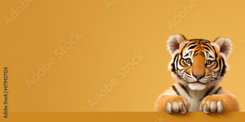 Cute tiger with happy positive smiling expression. Wide banner copy space on side. Clean background in only one colour