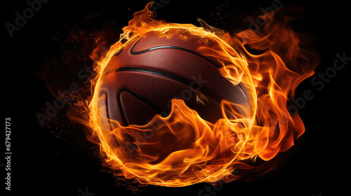 An intense and dramatic image capturing a sport ball engulfed in flames against a stark black background, radiating energy and passion.