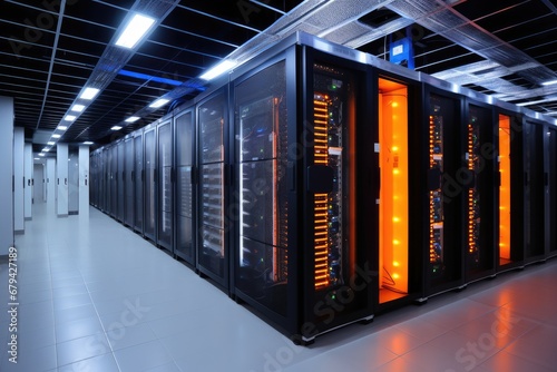  Data Center With Multiple Rows of Fully Operational Server Racks. Modern Telecommunications, Artificial Intelligence, Supercomputer Technology Concept