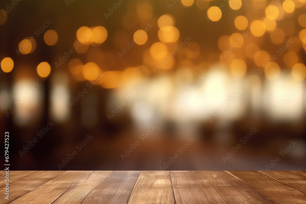 Empty wooden table top with lights bokeh on blur background. 3d render illustration. Generative AI. Empty wooden table top with lights bokeh on blur background. 3d render illustration. Generative AI.
