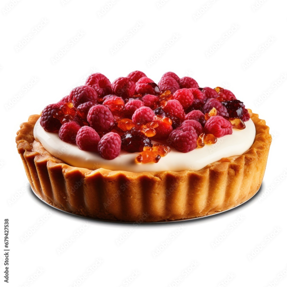 A pastry with raspberries and cream on top. Generative AI.