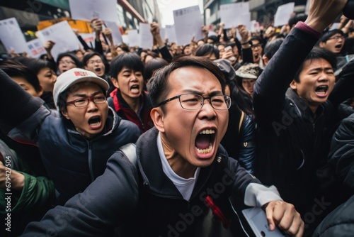 Angry Asian people protesting on a street photo