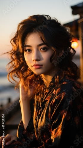 Beautiful asian woman in kimono by the ocean. Generative AI. © Natalia