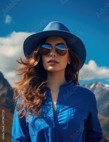 A woman in a blue shirt and hat with sunglasses. Generative AI.
