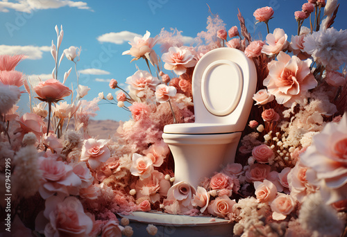 toilet in nature surround with colorful spring flowers photo
