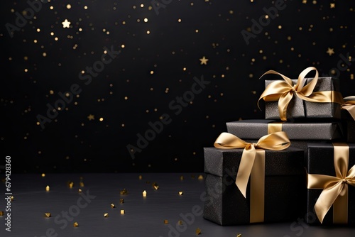 black gift box with golden ribbon on black background with copy space