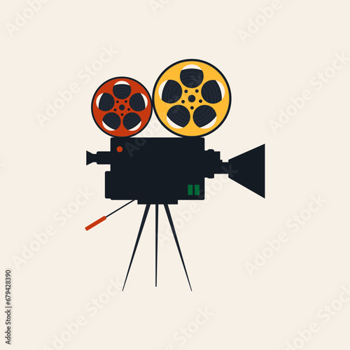 Retro movie camera icon. Vintage film camera with film reel.Vector illustration