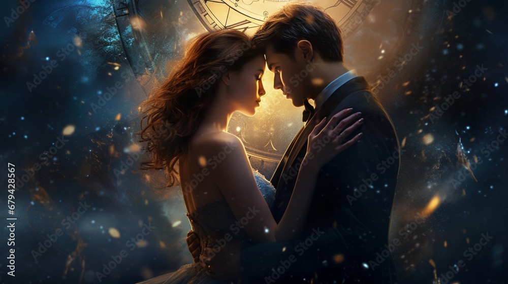 Create a digital artwork that conveys the allure of a 'Midnight Kiss' during New Year, incorporating elements like a clock striking midnight and a sense of anticipation in the atmosphere.