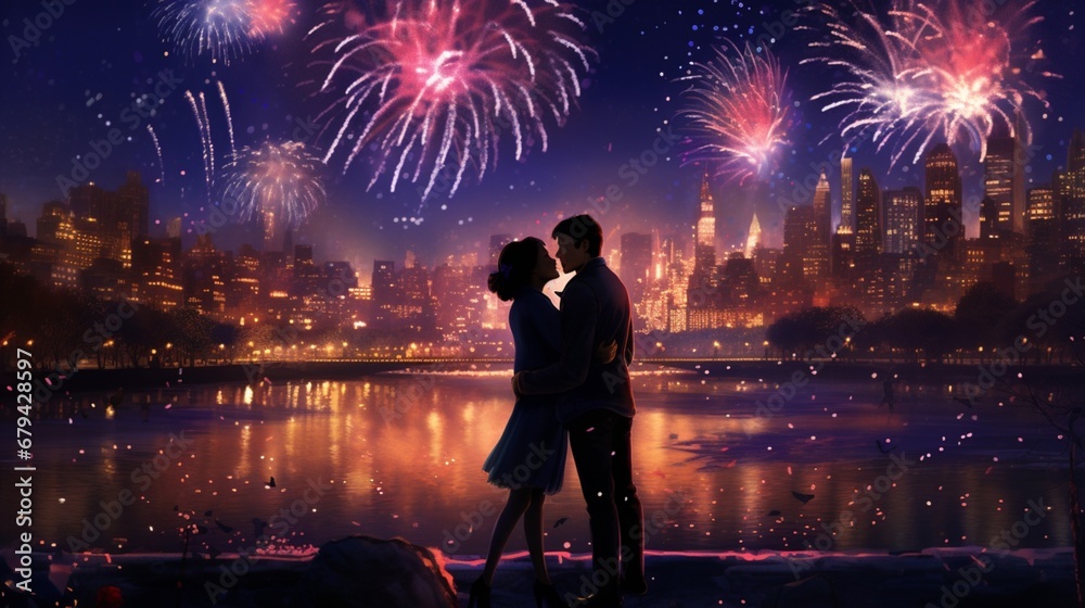 Design an AI-generated scene that conveys the magic of a 'Midnight Kiss' at New Year, with shimmering fireworks and a touch of romance in the air.