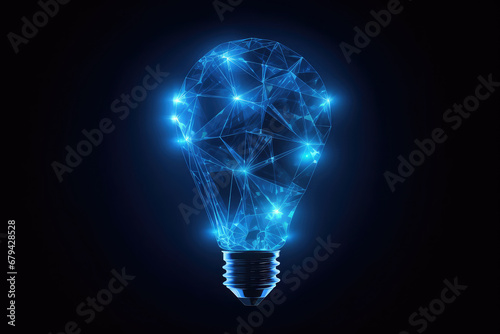 Abstract blue glowing light bulb. Polygonal style design. Abstract geometric background. Wireframe light connection structure. Generative AI.
