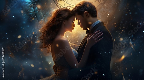 Create a digital artwork that conveys the allure of a 'Midnight Kiss' during New Year, incorporating elements like a clock striking midnight and a sense of anticipation in the atmosphere.