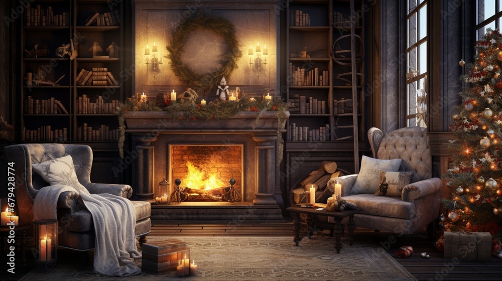Create an image of a cozy living room adorned with New Year's decorations and a beautifully lit fireplace.