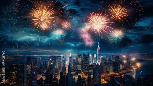 Vibrant fireworks lighting up the night sky over a cityscape on New Year's Eve.