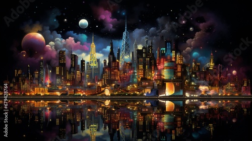 Illustrate the mesmerizing glow of a cityscape at midnight on New Year's with all the buildings lit up. © Khalifa arts