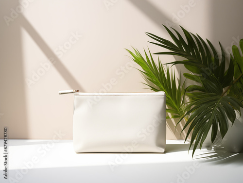 Necessaire bag for miscellaneous use, bathroom, travel, toilet, hotel, school supplies, natural background, With Generative AI technology photo