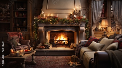 Create an image of a cozy living room adorned with New Year's decorations and a beautifully lit fireplace.