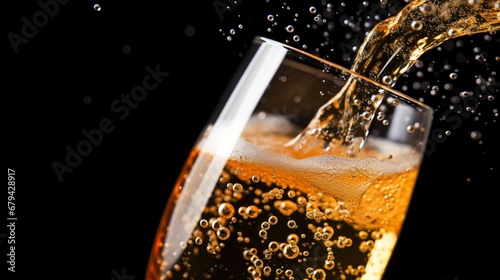 A close-up of a bubbling glass of sparkling cider for a New Year's toast.