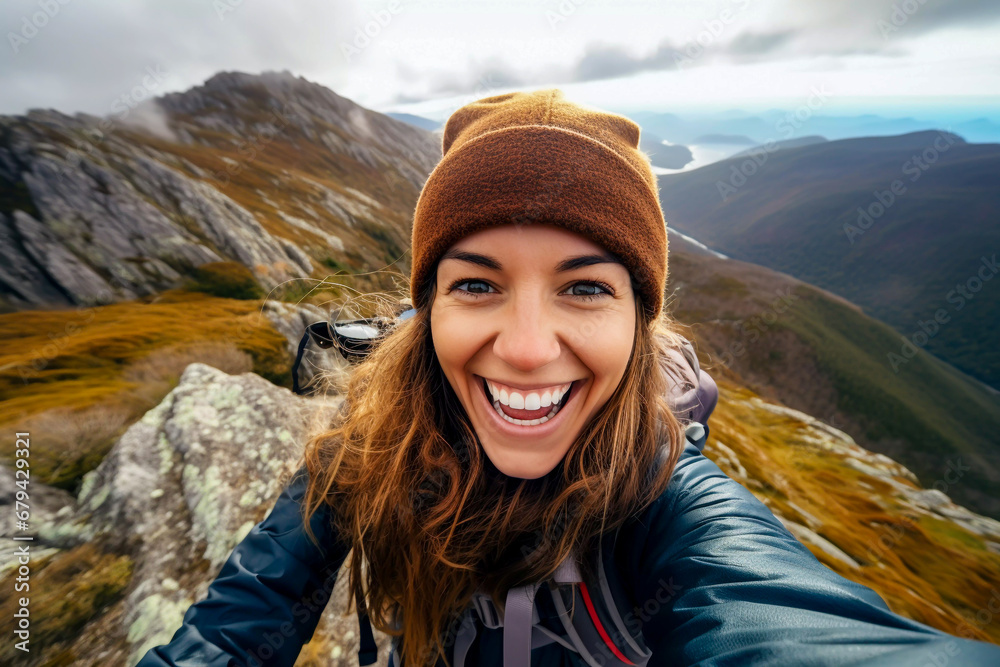 Attractive young woman hiker high on a mountain side overlooking a valley taking a selfie outdoor lifestyle Peace of Mind and wellbeing