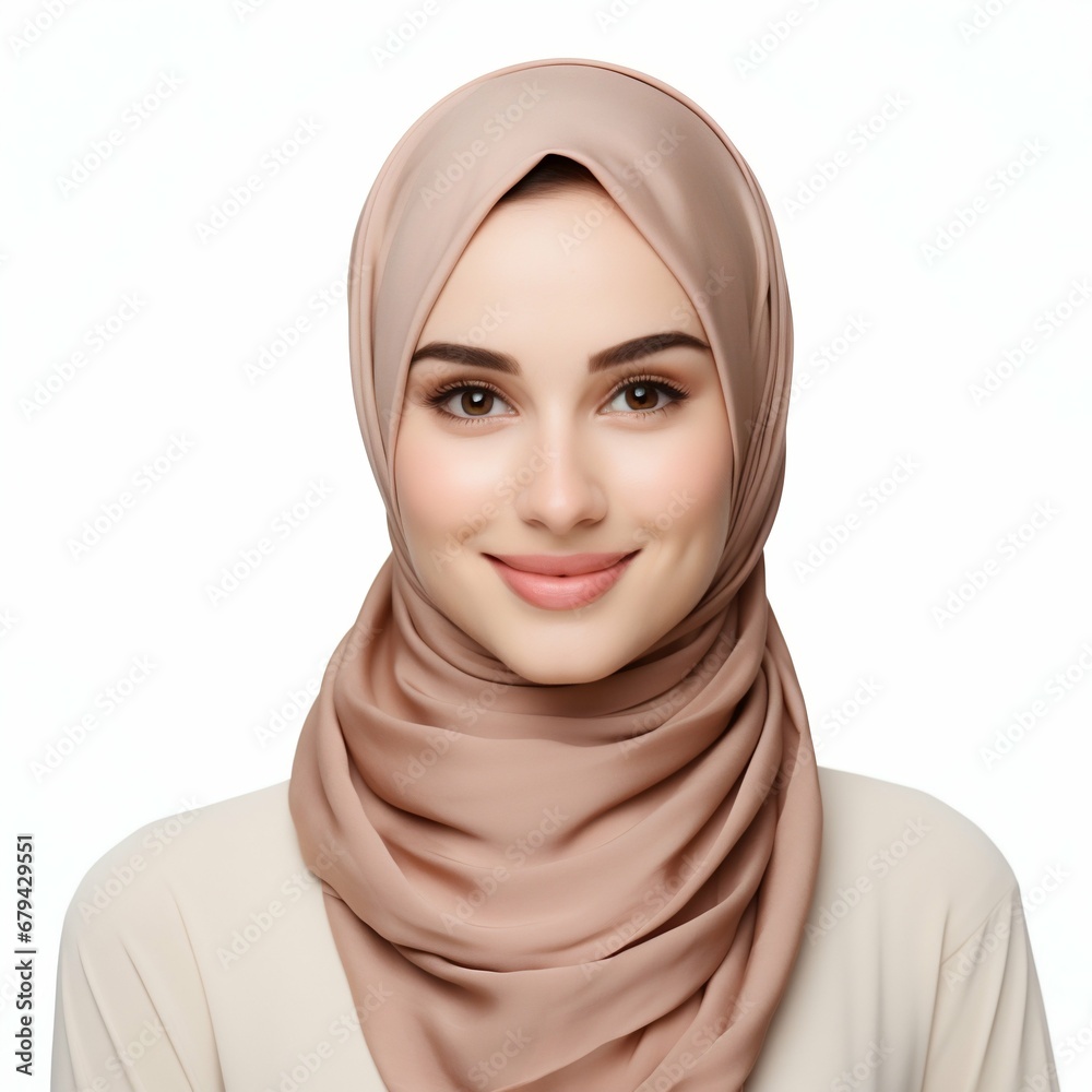 Radiant Elegance: Portrait of a Smiling Young Muslim Woman Isolated on White Background. Generative ai Radiant Elegance: Portrait of a Smiling Young Muslim Woman Isolated on White Background. Generative ai