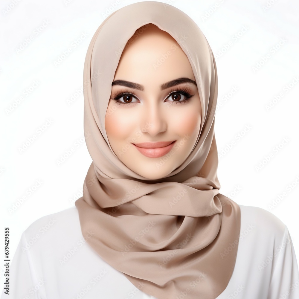 Radiant Elegance: Portrait of a Smiling Young Muslim Woman Isolated on White Background. Generative ai Radiant Elegance: Portrait of a Smiling Young Muslim Woman Isolated on White Background. Generative ai