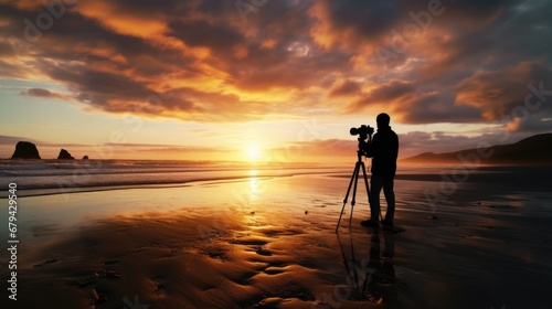 cinematographer capturing a sunset on a beach generative ai photo