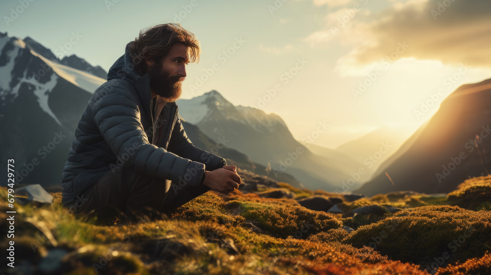 Fototapeta premium cinematographer setting up a camera for a mountain scene, generative ai